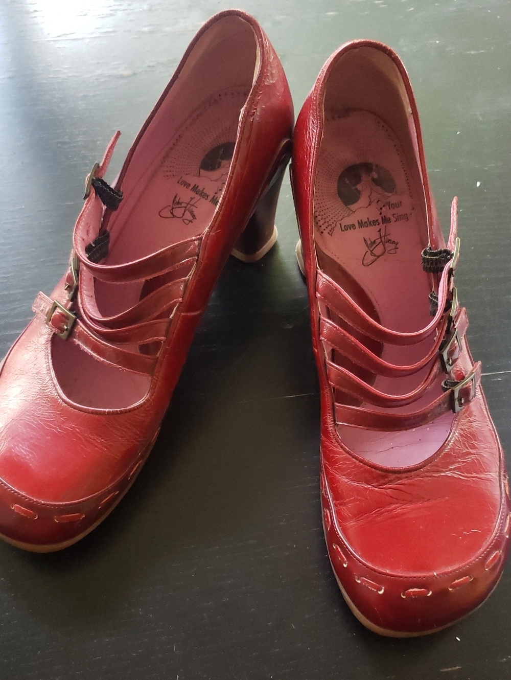 John Fluevog Red Triple-Strap Mary Jane Heels